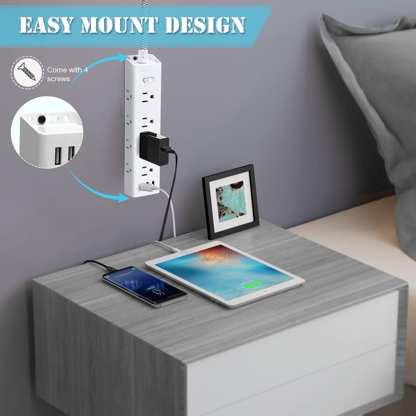 Surge Protector Power Bar - 10 FT Extension Cord, Power Strip - 12 Widely AC Outlet 3 USB, Flat Plug, Wall Mount Overload Protection, 1050J