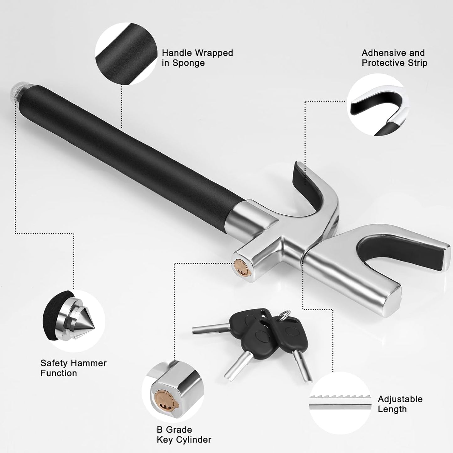 Adjustable Steering Wheel Lock with Anti-Theft Features and 3 Keys - Cars, Vans, and SUVs (Black)