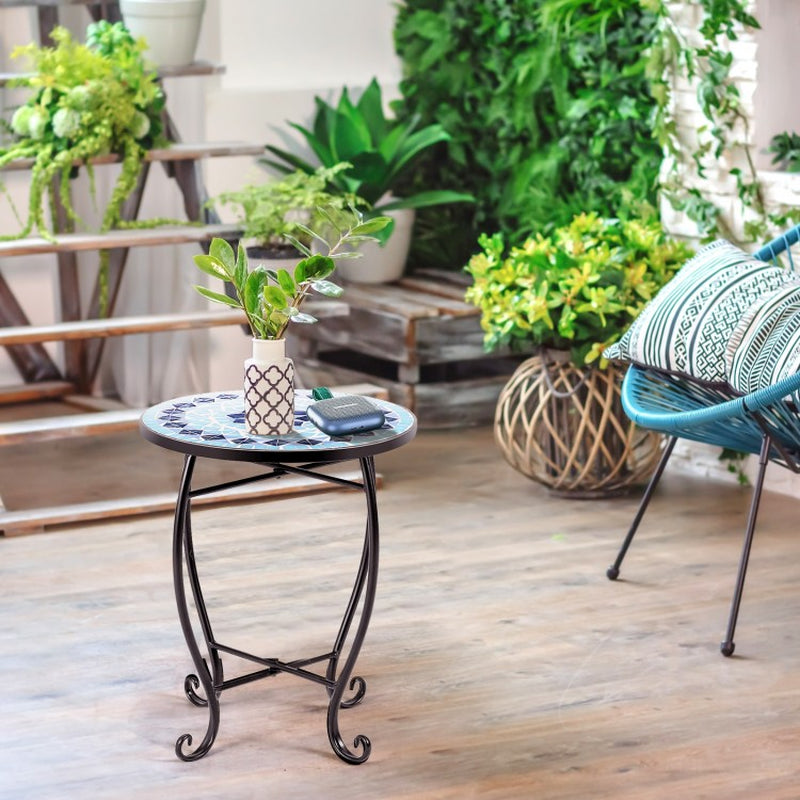 14-Inch Mosaic Round Side Table and Plant Stand for Patio, Lawn, and Garden