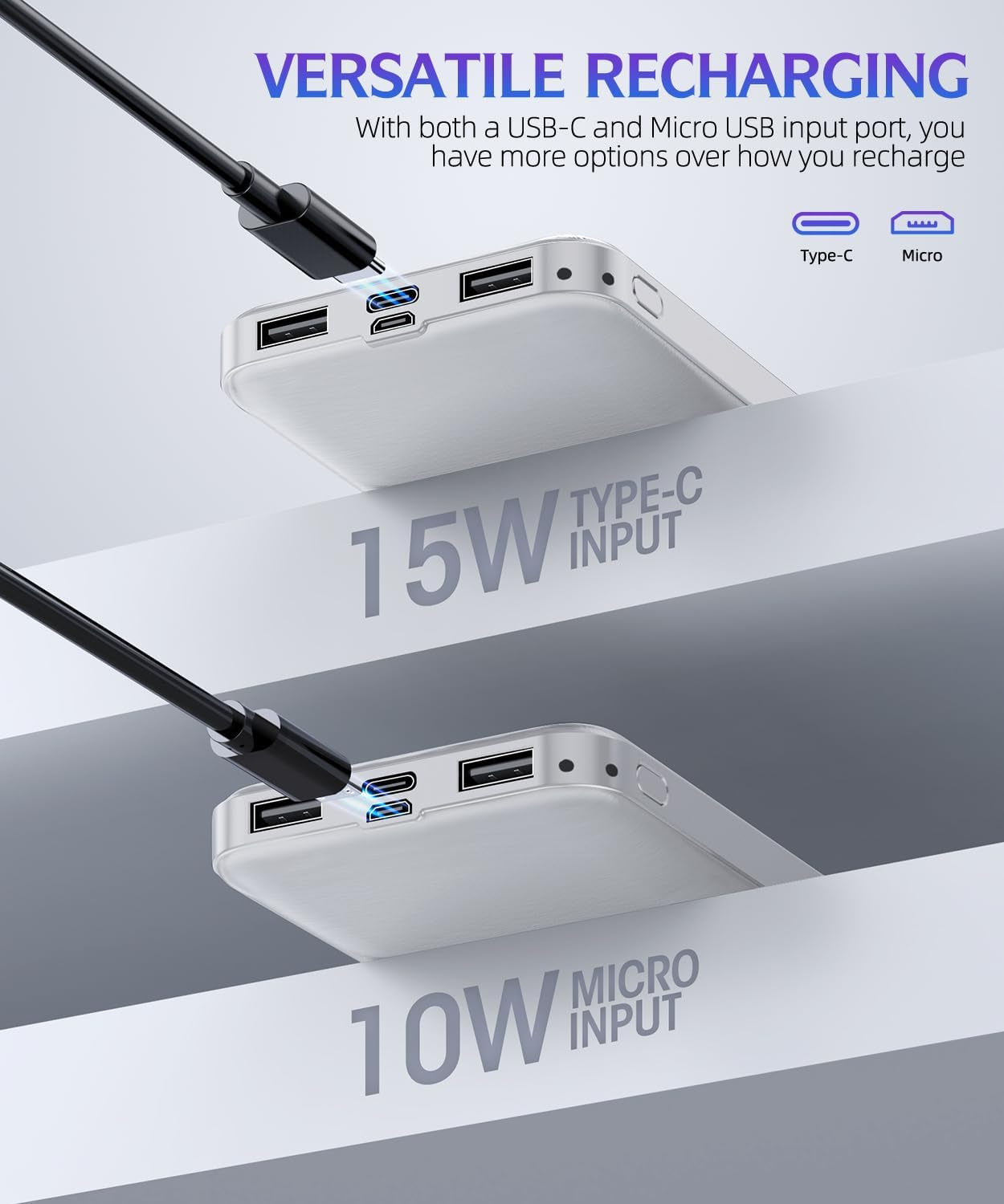 2 Pack 15000mAh Dual USB Fast Charging Power Banks - Portable Charger Power Bank - Compatible with Smartphones and All USB Devices (Deep Black and White)