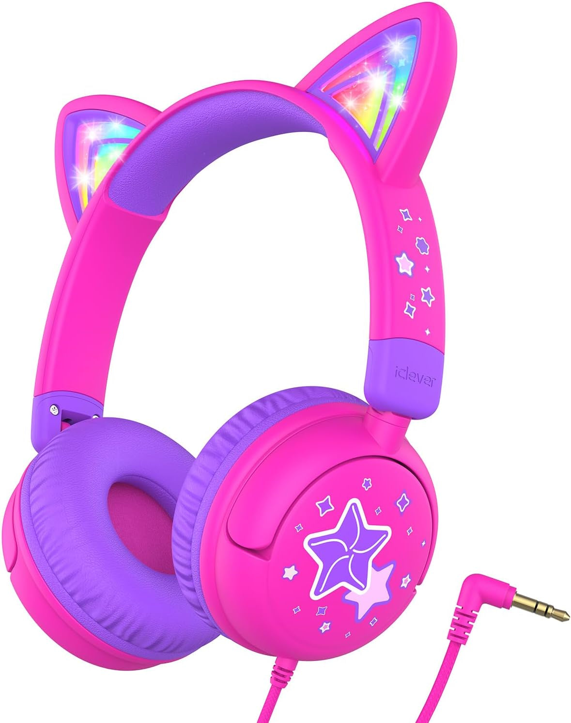 Children's Cat Ear Headphones with LED Lights, 85dBA Volume Limiting, Stereo Sound, Foldable Wired Design for Travel and School, Compatible with iPads and Tablets, Meow Lollipop - Hot Pink