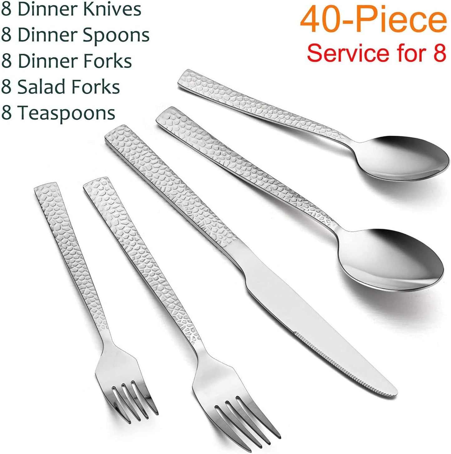 40-Piece Hammered Stainless Steel Flatware Set for 8 - Modern Square Design Cutlery with Dinner Knives, Forks, and Spoons - Mirror Polished