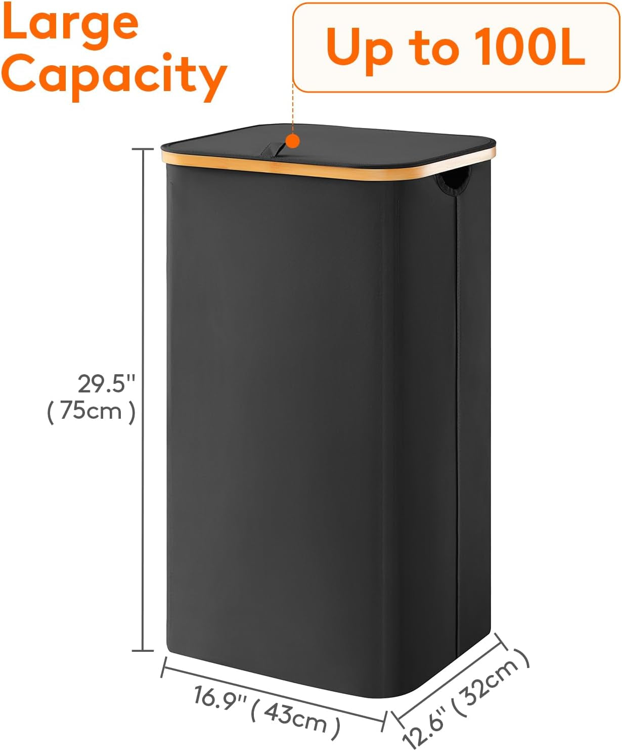 Premium Collapsible Laundry Hamper with Lid and Removable Bag, 100L Tall Storage Bin with Bamboo Handles - Black