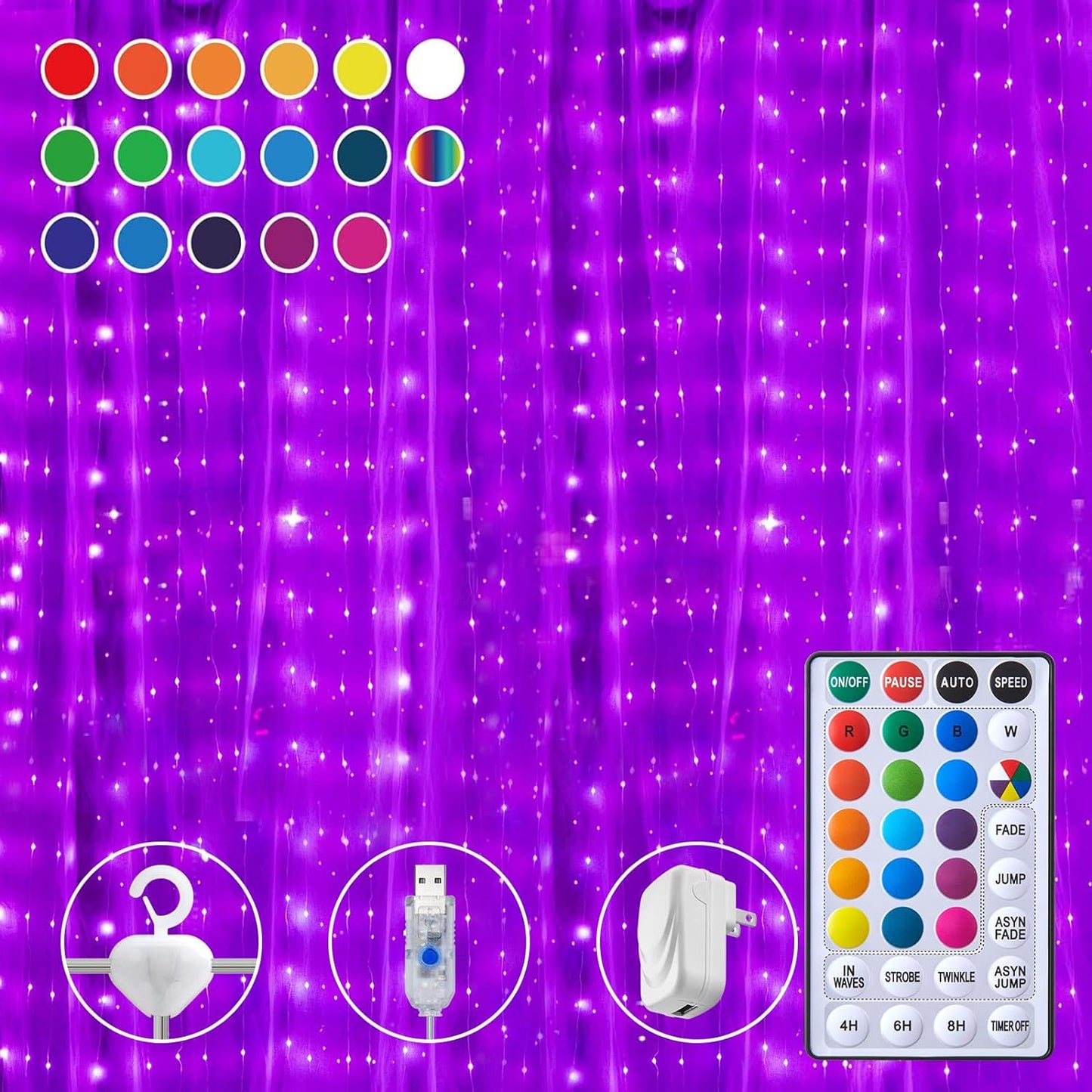 300 LED Dimmable Curtain Fairy Lights with Remote Control and Timer, 8 Lighting Modes, USB Powered String Lights for Indoor Room, Wall, Party, and Christmas Decor (9.8 x 9.8 Ft)