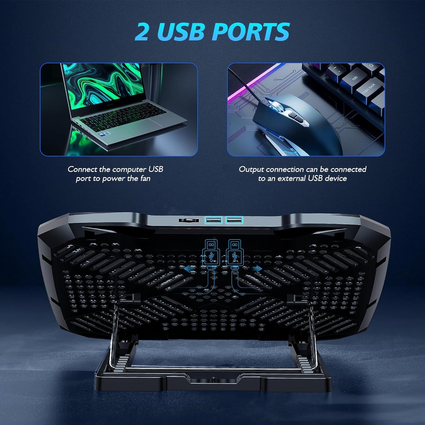 Laptop Cooling Pad for Gaming Laptops, Featuring 5 Quiet Fans, Adjustable Height, Dual USB Ports, and Integrated Phone Stand for 12-15.6 Inch Devices