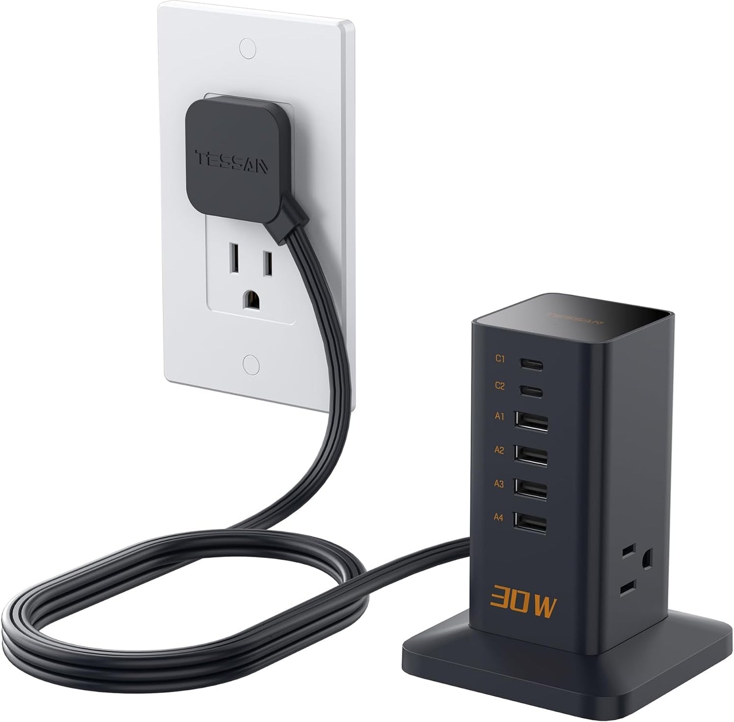 65W Multi-Device Charging Station: 6-Port GaN USB-C Charger with 3 Outlets for Phones, Tablets, and Travel Accessories