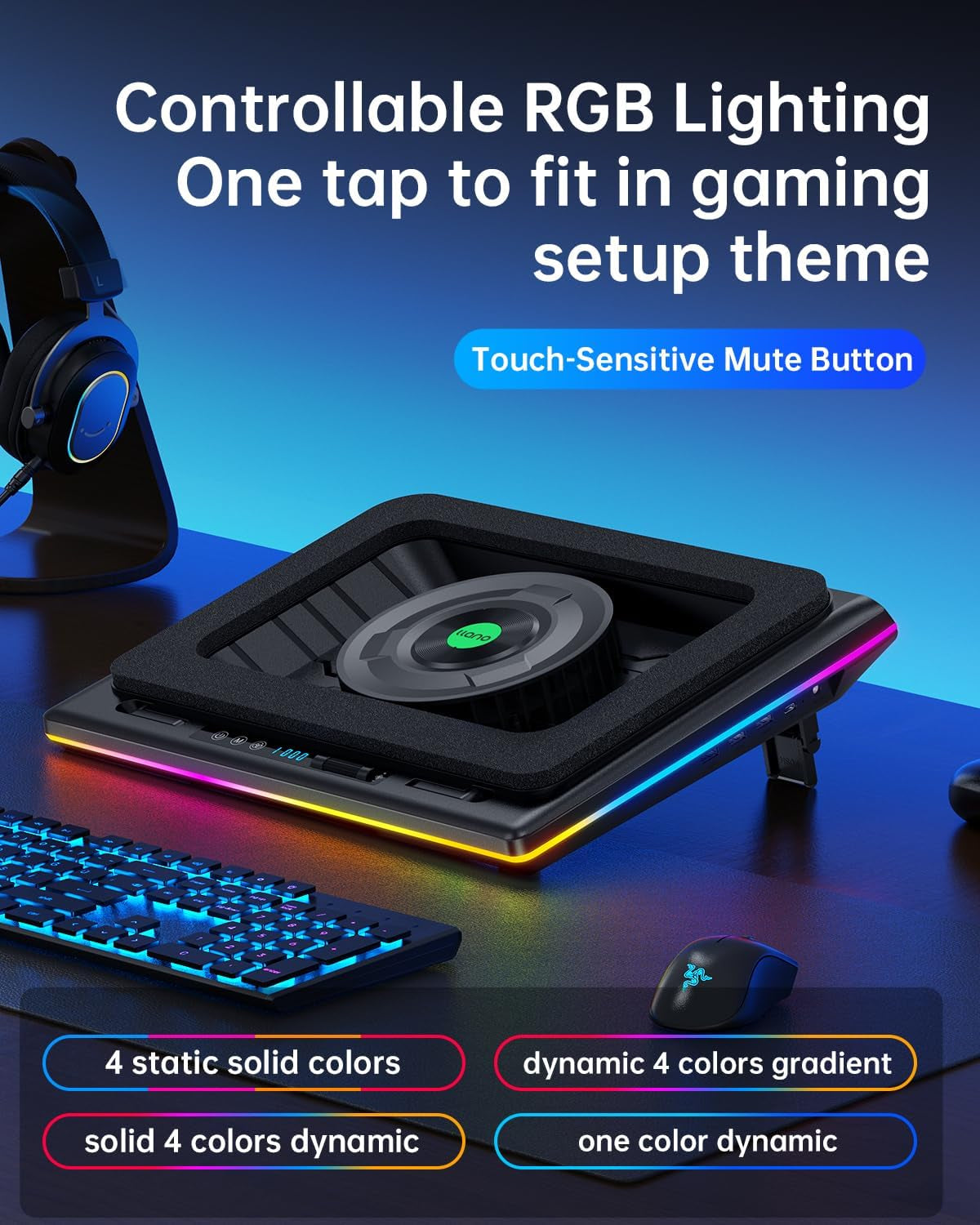 RGB Laptop Cooling Pad with Powerful Turbofan, Gaming Laptop Cooler Radiator. Infinitely Variable Speed, Touch Control, LCD Screen, 3-Port USB Hub, Seal Foam, Rapid Cooling Laptop 15-19In