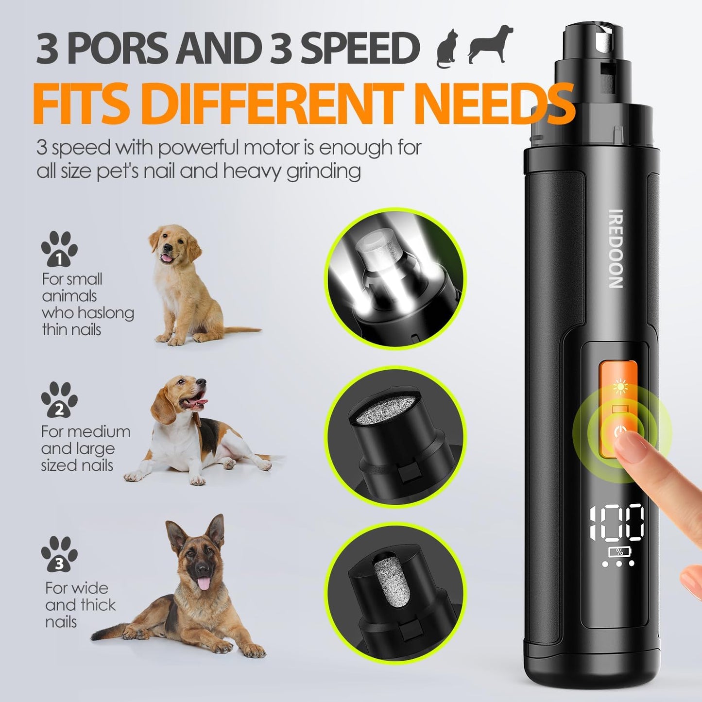 Dog Nail Grinder - 3-Speed Electric Pet Nail Tool - Low Vibration, Super Quiet Operation, 4 LED Lights, Small, Large Dogs (Black)