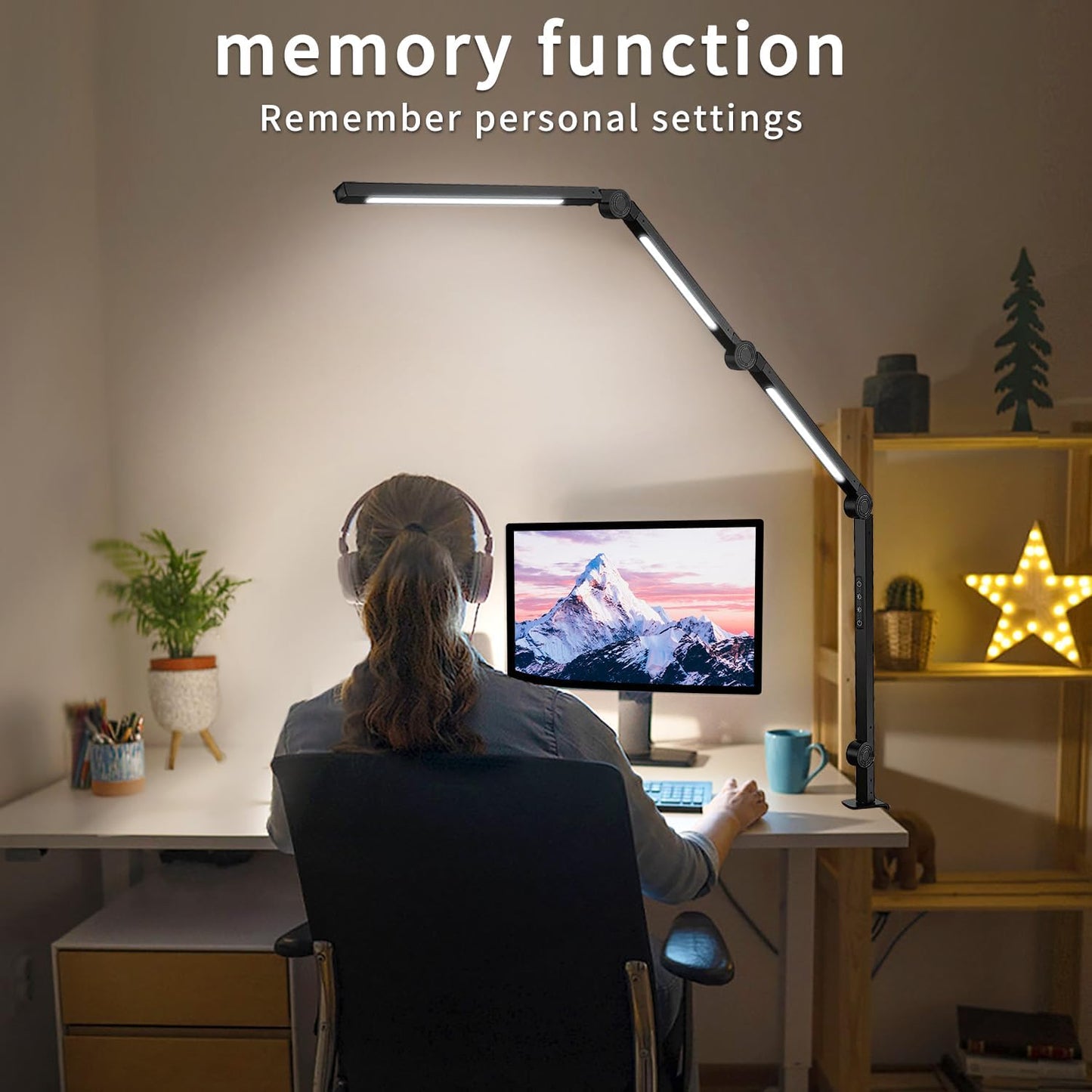 LED Desk Lamp with Clamp, Flexible 4-Section Swing Arm, Three Light Sources, 4 Color Modes, 5 Brightness Levels, Memory Function