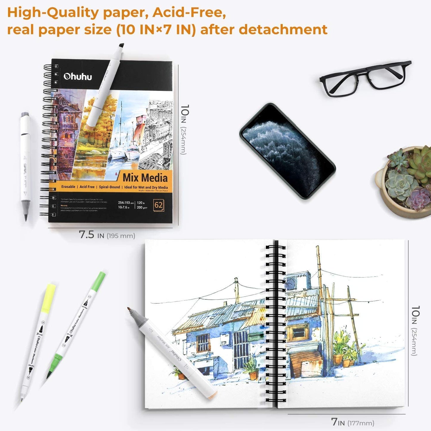 Professional Mix Media Sketchbook-10" x 7.6" Watercolor Paper-Wet Dry Media,120 LB/200 GSM Heavyweight, 62 Sheets/124 Pgs