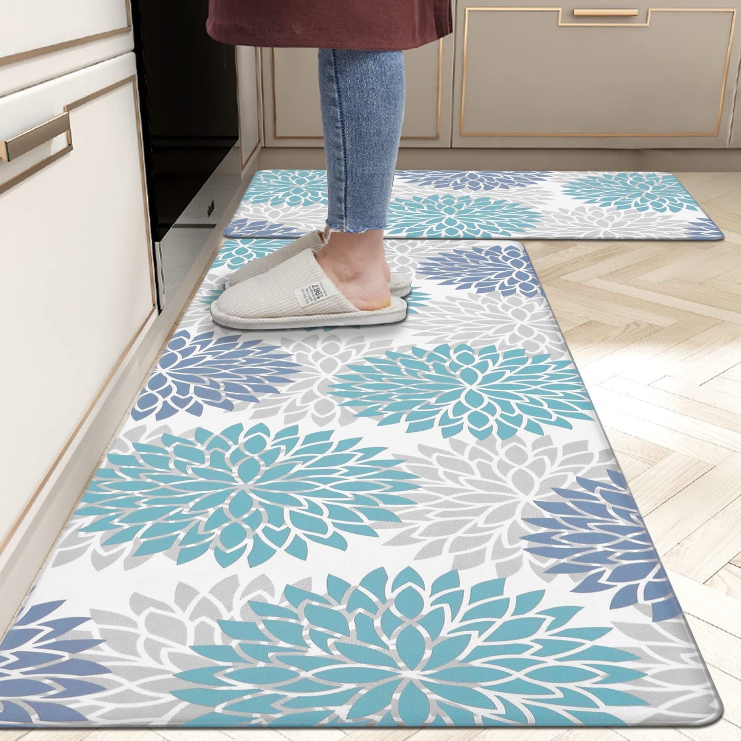 Anti-Fatigue Kitchen Rug Set - 2-Piece Non-Skid Cushioned Floor Mats (17" x 48" & 17" x 28") - Waterproof Runner Mats