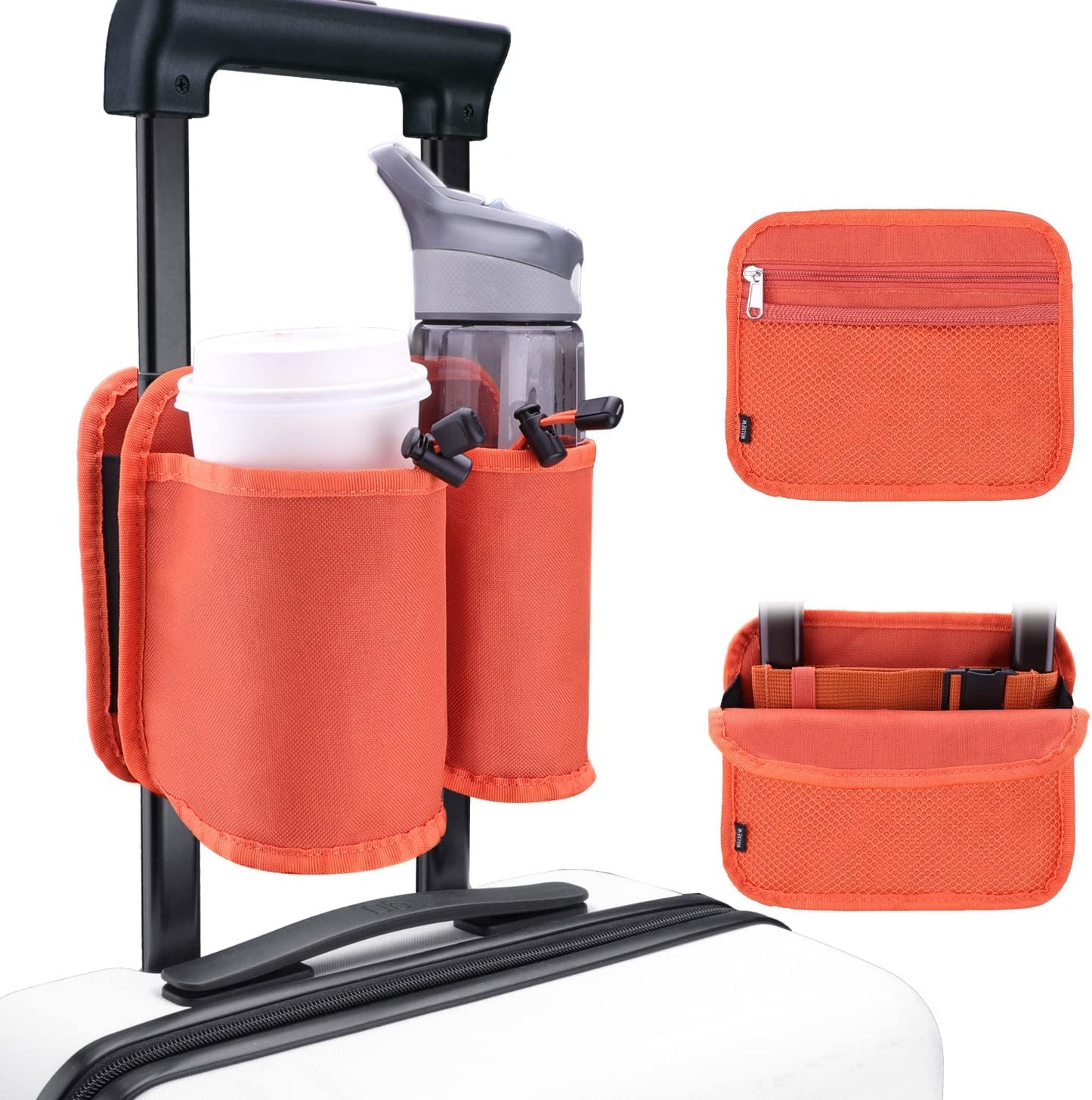 Luggage Travel Cup Holders for Roll-On Suitcase Handles - Beverage Carrier for Coffee Mugs and Drinks