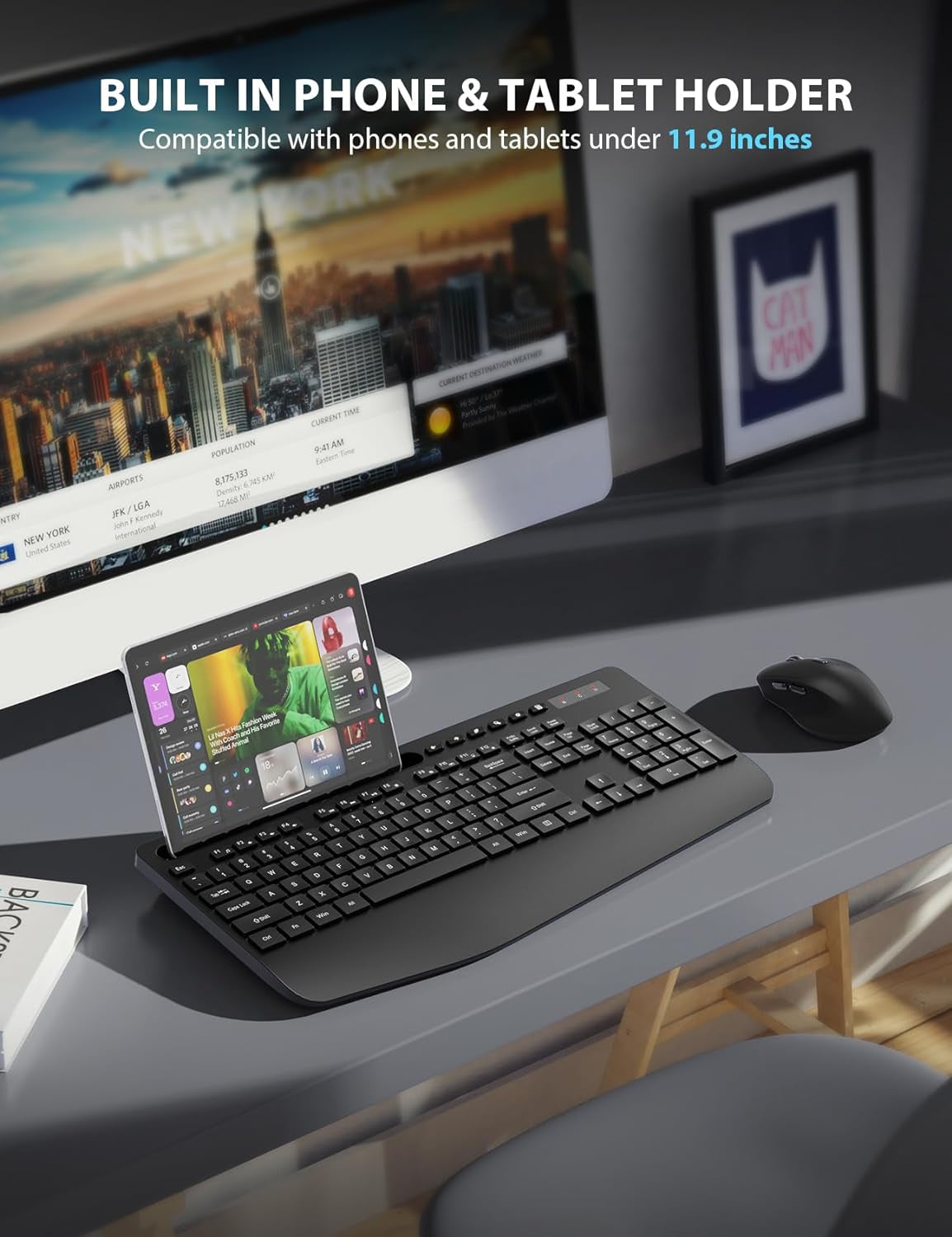 Wireless Ergonomic Keyboard and Mouse Combo - Full-Sized Design with Wrist Rest, Phone Holder, Sleep Mode, and Silent 2.4GHz Connectivity (Black)