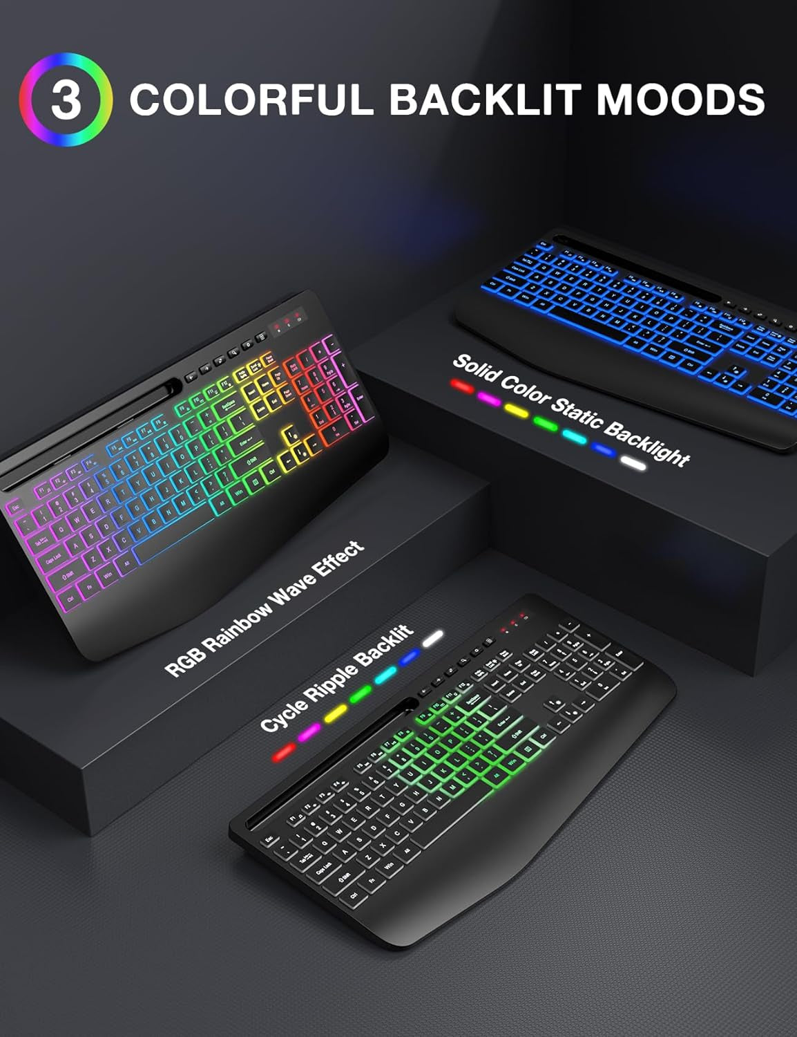 Wireless Ergonomic Keyboard and Mouse Combo with Backlit Effects, Wrist Rest, Phone Holder, and Rechargeable Silent Design