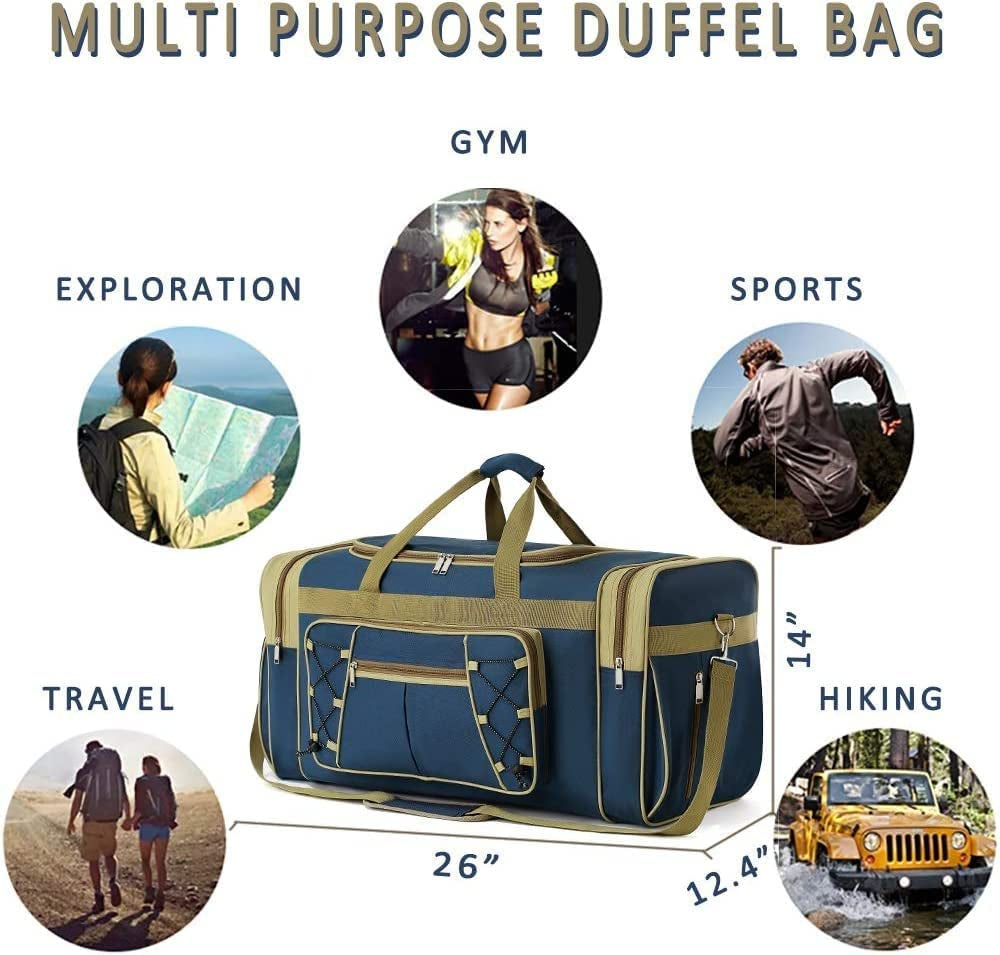 Extra Large Lightweight Oxford Travel Duffle Bag for Men and Women - Waterproof Weekender Overnight Carry-On Luggage (26", Blue Gold)