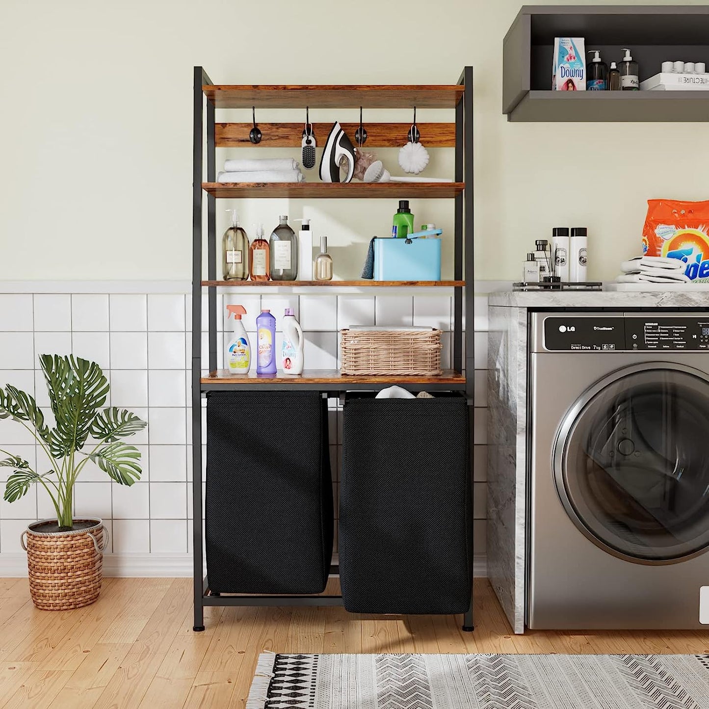 4 Tiers Laundry Hamper with Shelf and Hooks, Tall Laundry Basket Sorter with 2 Removable Laundry Bags, Ladder Shelves with Clothes Hamper for Laundry Room Bathroom Bedroom