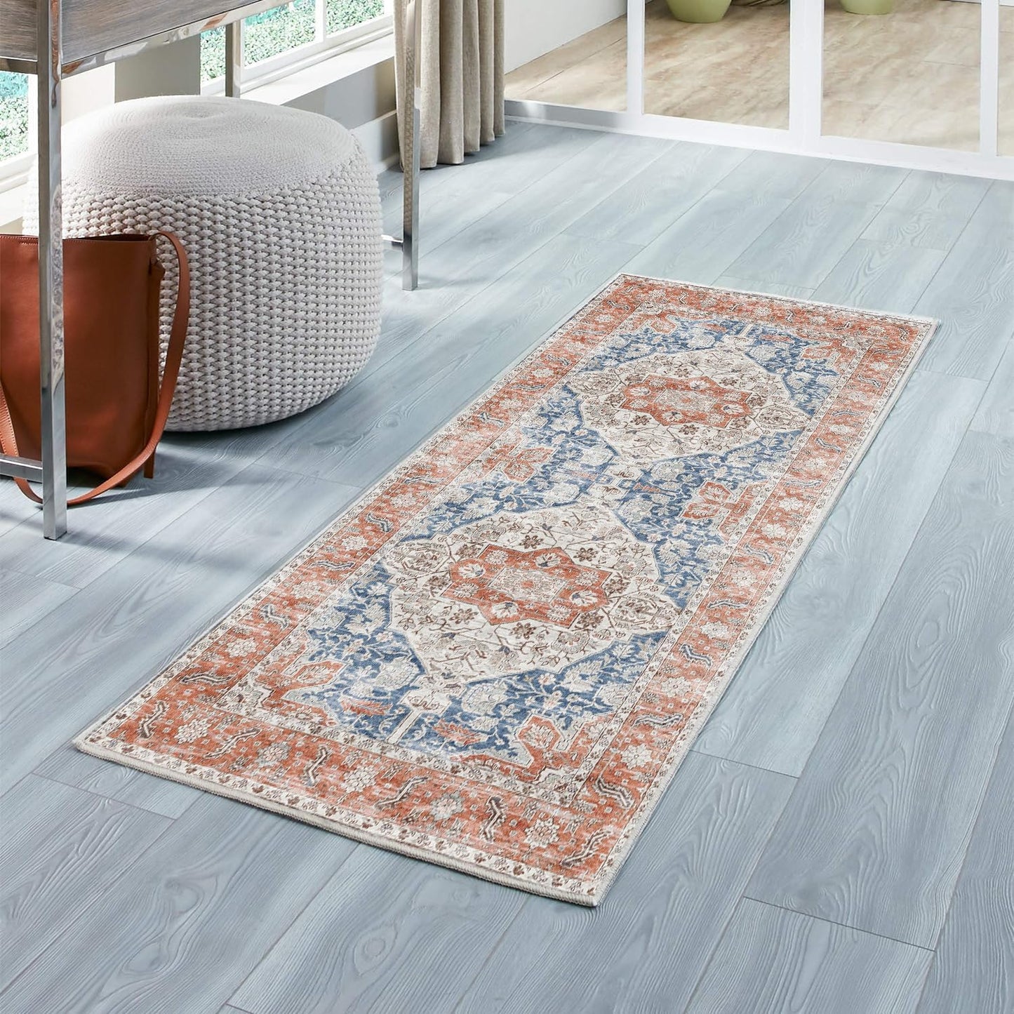 Boho Non-Slip Washable Runner Rug for Hallway and Kitchen, 2x5 Ft Light Grey Area Mat for Bedroom, Bath, Laundry, and Entryway