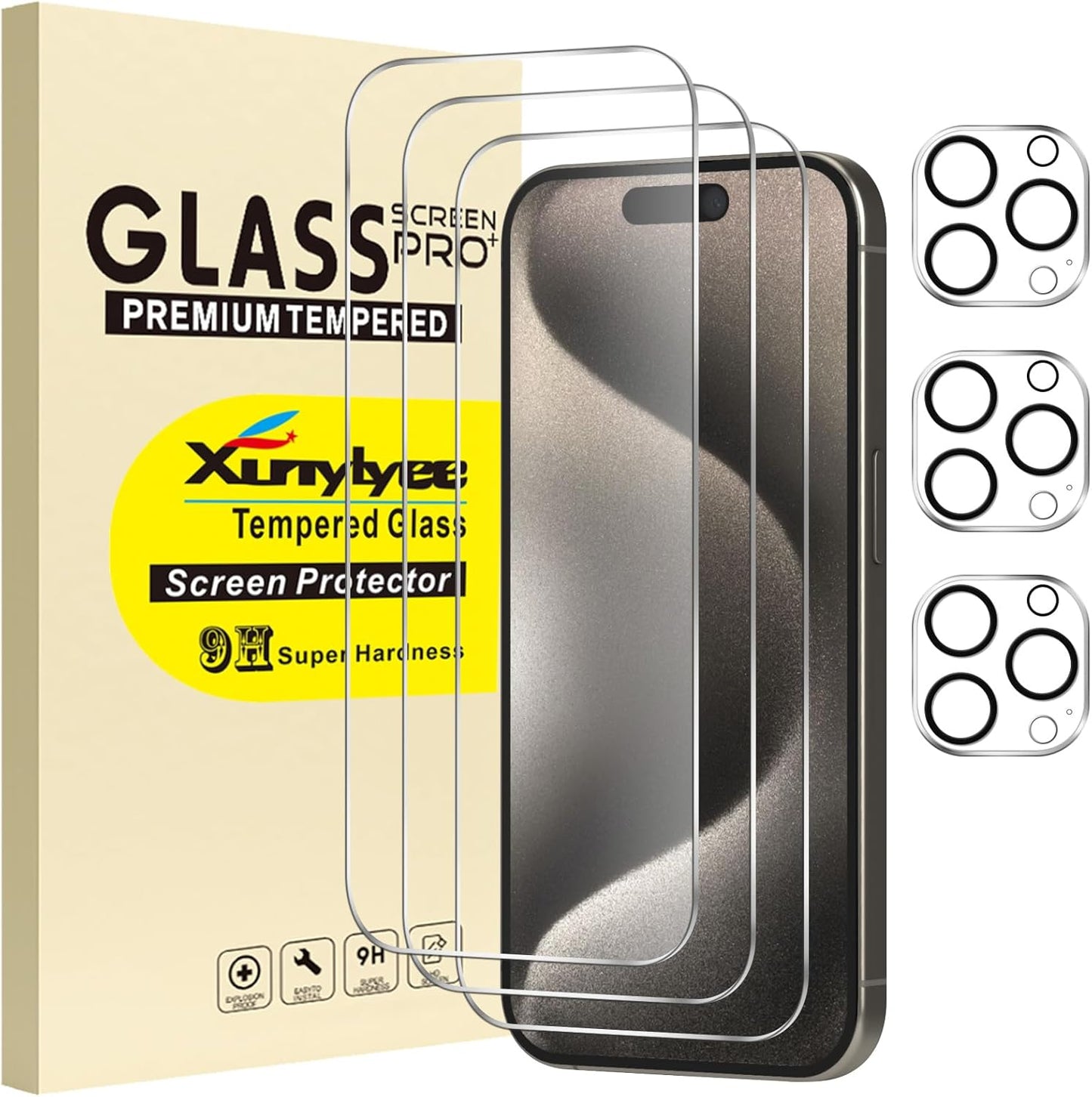 Triple Pack Screen Protector and Camera Lens Protector for iPhone 15 Pro 6.1-Inch - Tempered Glass Film