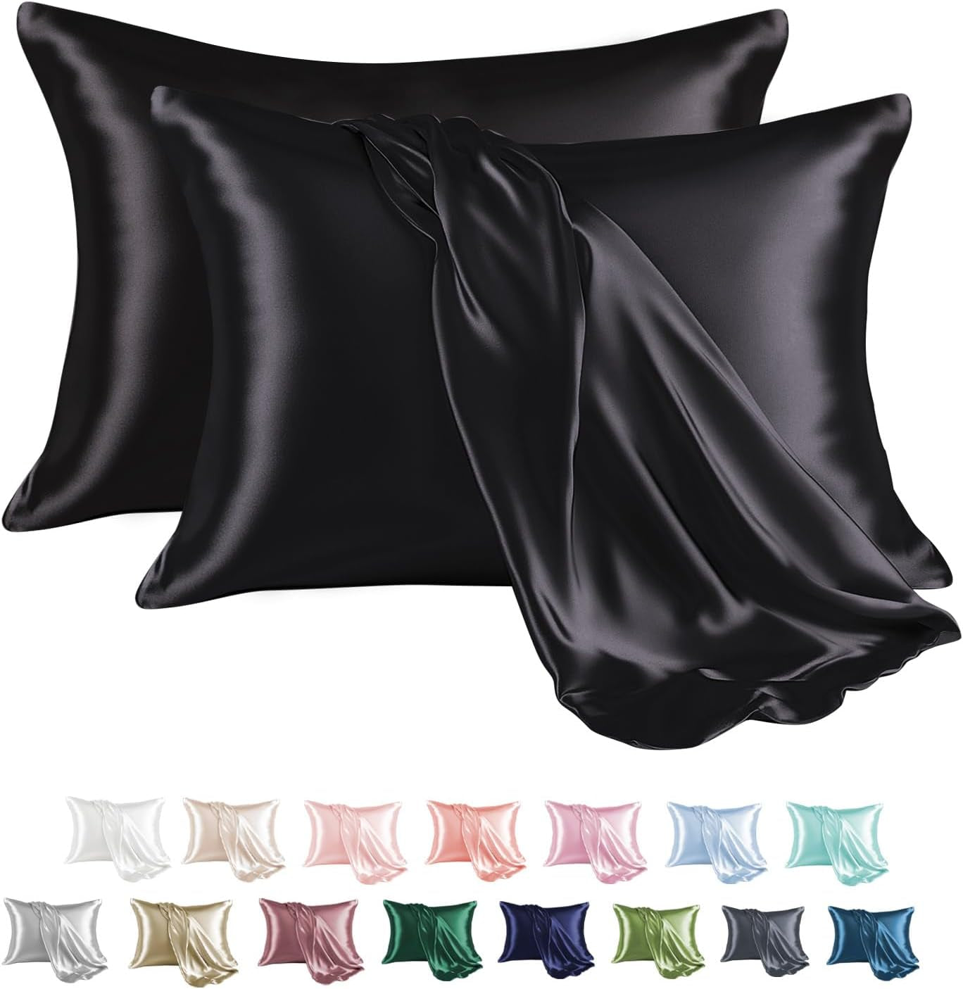 Satin Pillowcase Set for Hair and Skin Care, Queen Size Silk Satin Pillow Covers with Envelope Closure (20x30, Black) - Pack of 2
