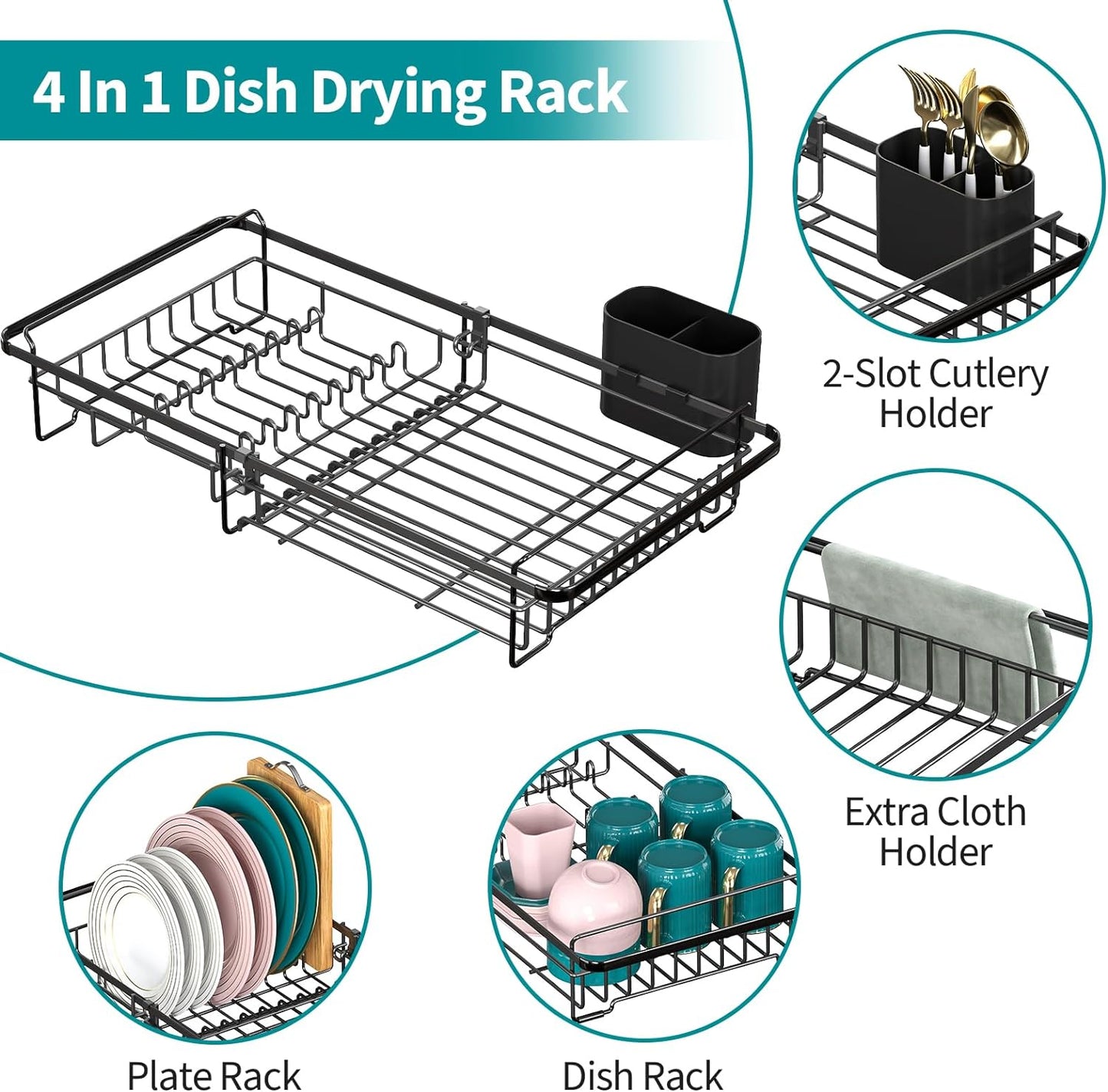 Adjustable Expandable Dish Drying Rack for Over-the-Sink Use, Rustproof Kitchen Dish Drainer with Utensil Holder