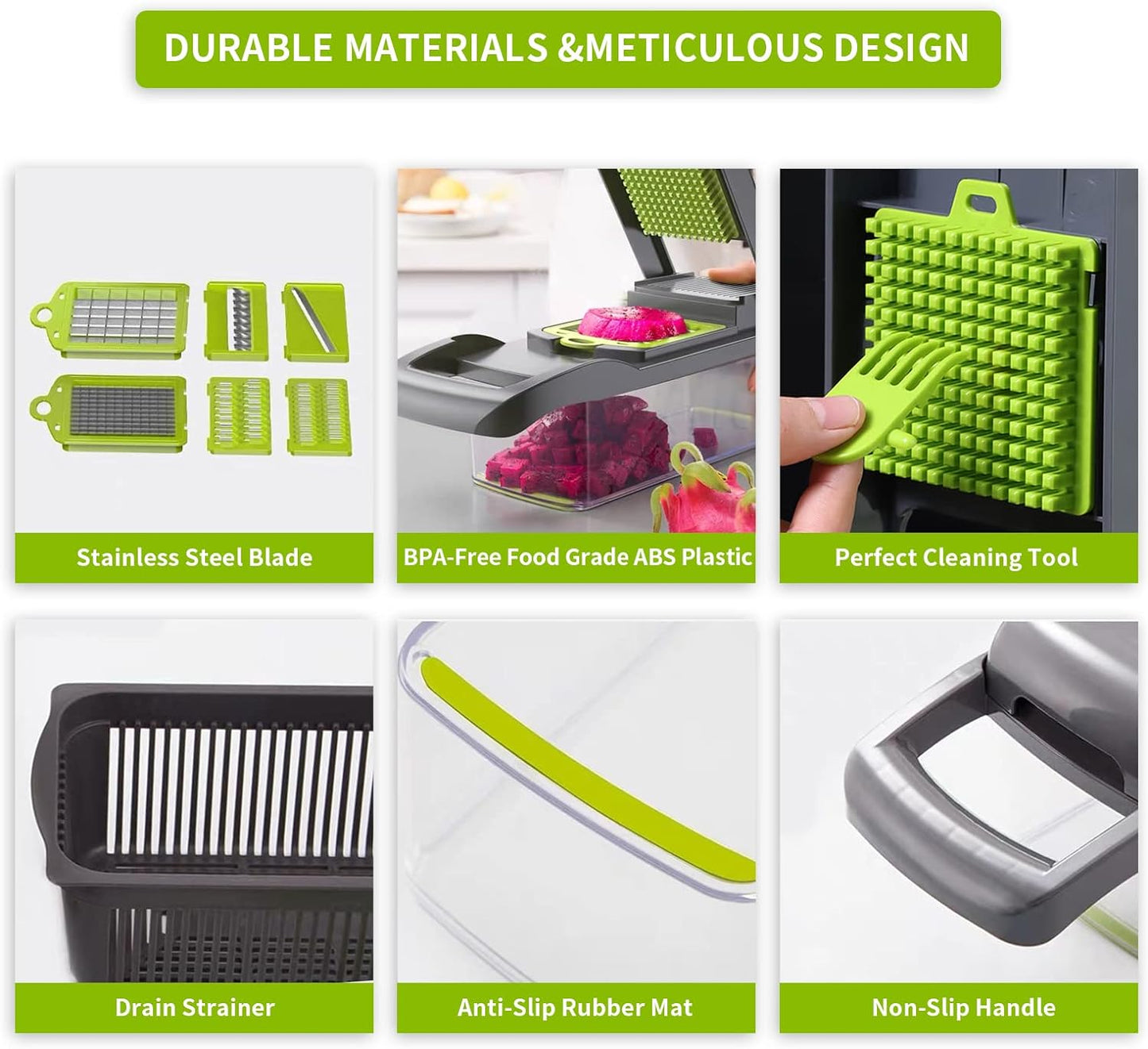 Multifunctional 13-in-1 Vegetable Chopper and Slicer with Container, 8 Interchangeable Blades, Hand Protector, Drain Strainer, and Cleaning Brush