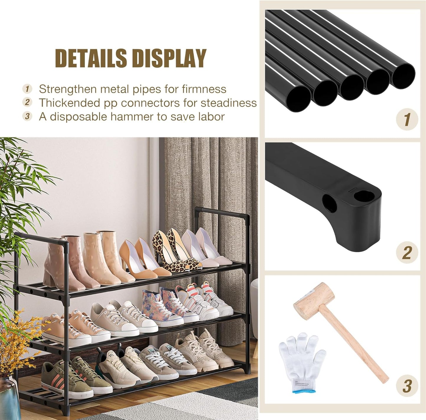 Sturdy Metal Shoe Rack Organizer - 3-Tier Free Standing Storage Solution for Entryway and Closet