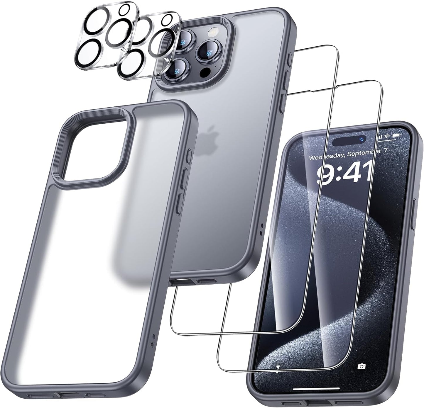 5-in-1 Case for iPhone 15 Pro Max - 2 Tempered Glass Screen Protectors - 2 Camera Lens Protectors, Shockproof, Anti-Scratch - Clear