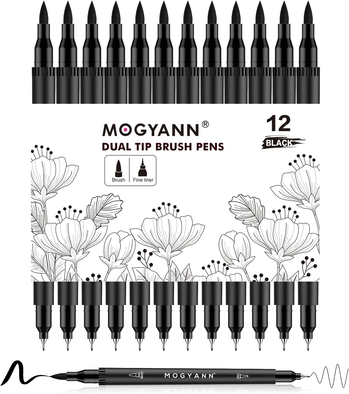 Dual Brush Pens Set - 12 Pack Black Markers for Art Drawing and Sketching