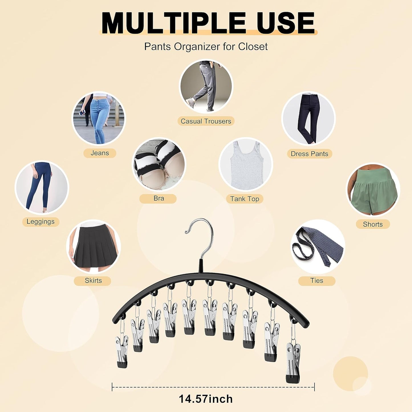 Legging Organizer - Closet Metal Pants Hangers (2 Pack) -10 Clips, Space-Saving Hanging Storage Solution - Rubber Coated Organizers, Black