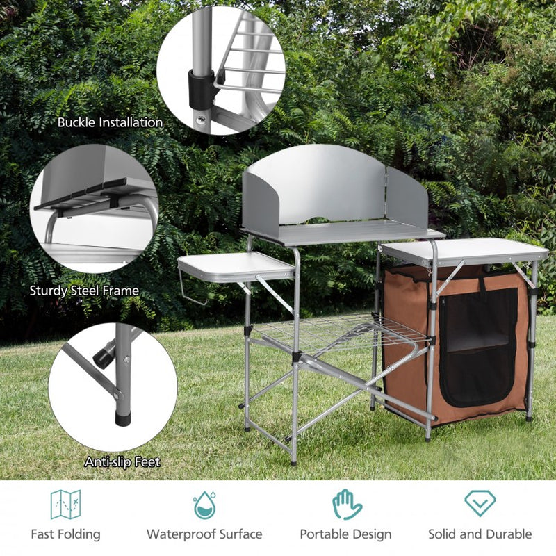 Portable Outdoor BBQ Grilling Table with Protective Windscreen Bag