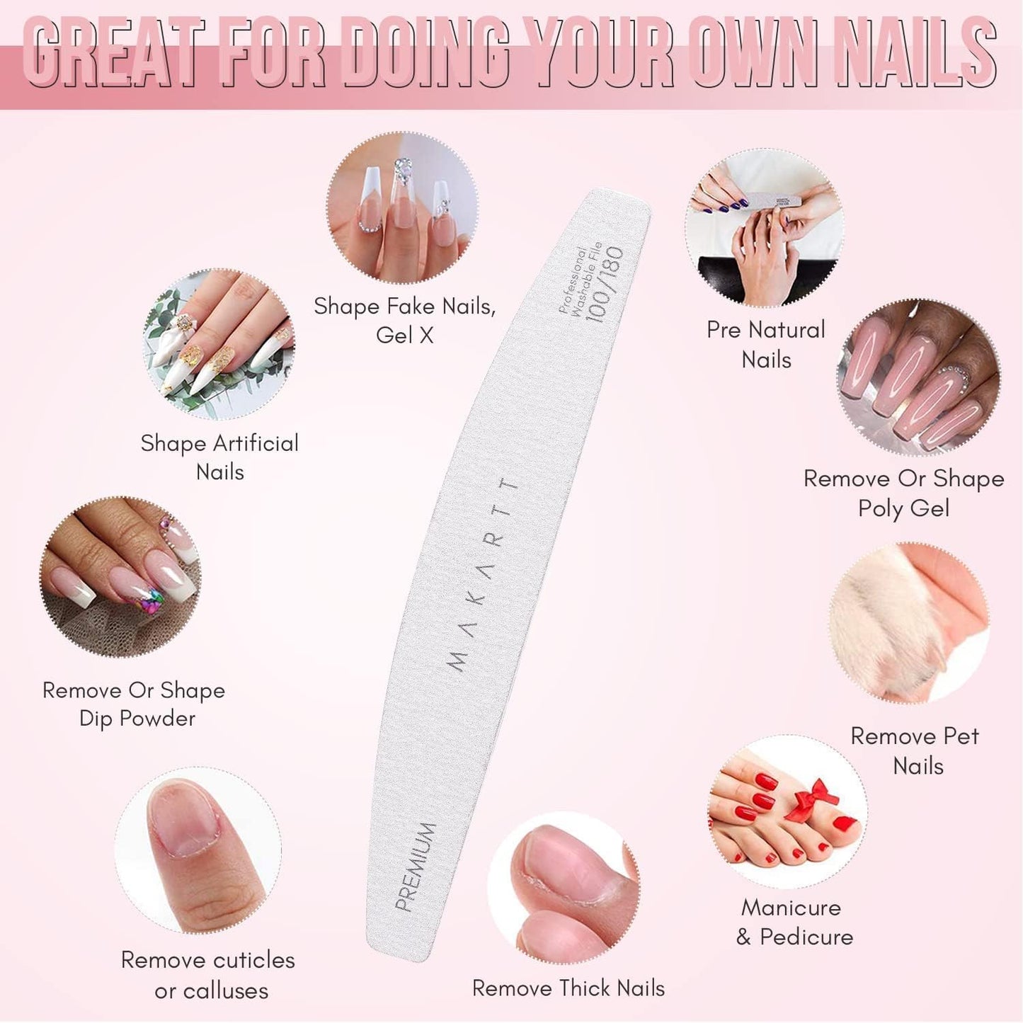 Zebra Nail Files - 100/100 Grit Emery Boards for Poly Nail Extension Gel and Acrylic Nails, Double-Sided and Washable, Set of 10 Manicure Tools