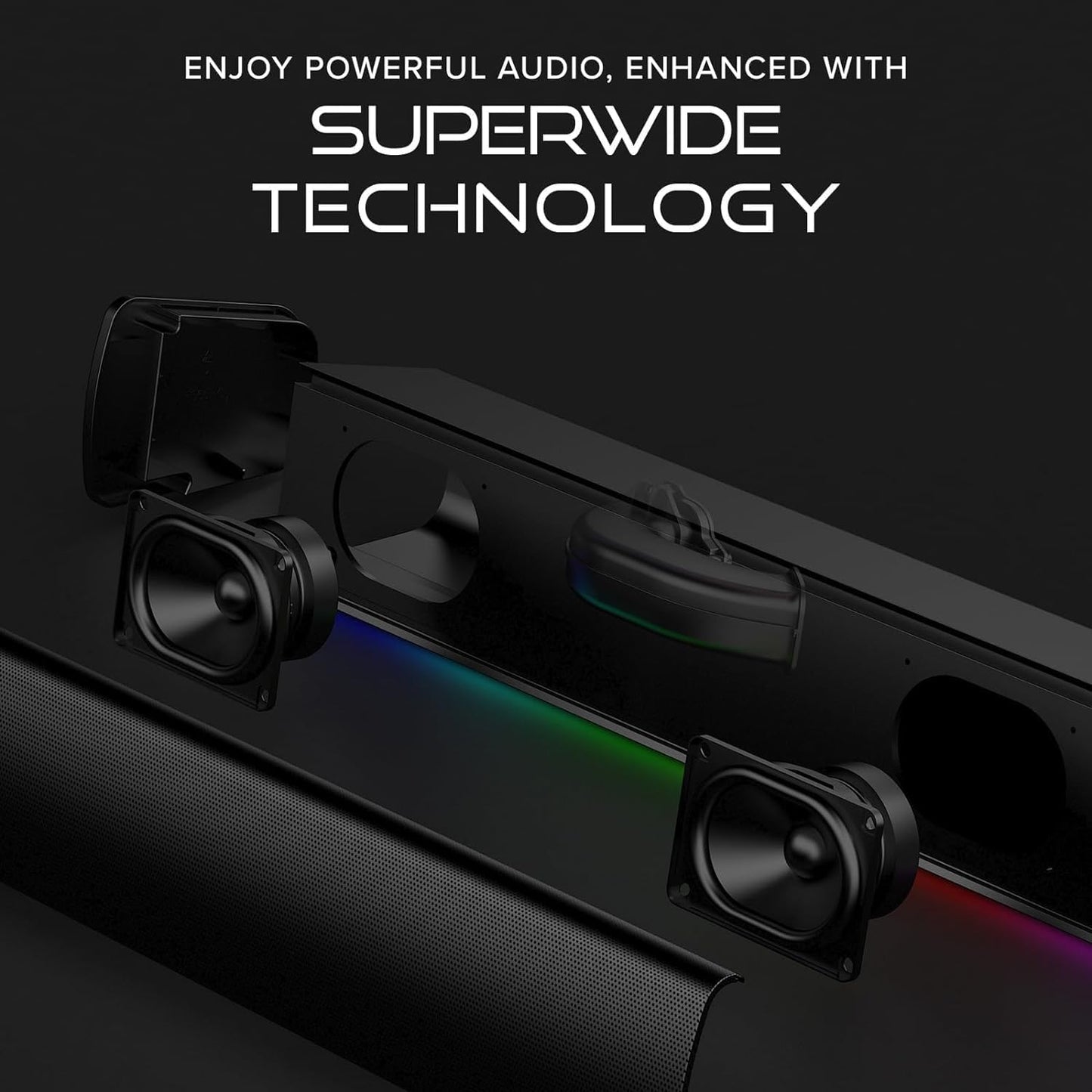 Compact RGB Gaming Soundbar with Superwide Technology, USB-Powered, Bluetooth 5.4, and Headphone-Out Port for PC and Mac