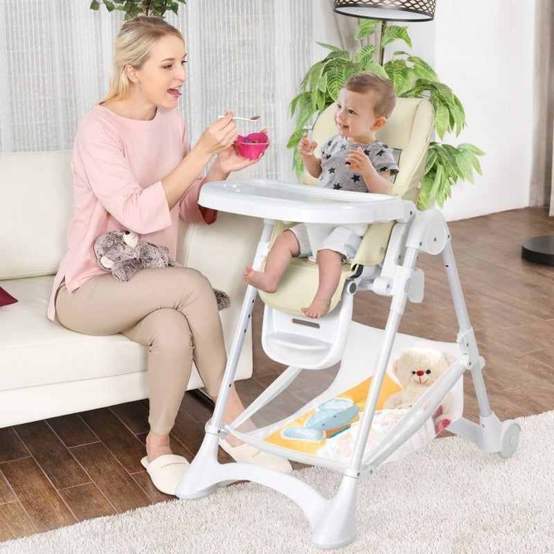 Folding Baby Chair with Wheel Tray and Storage Basket