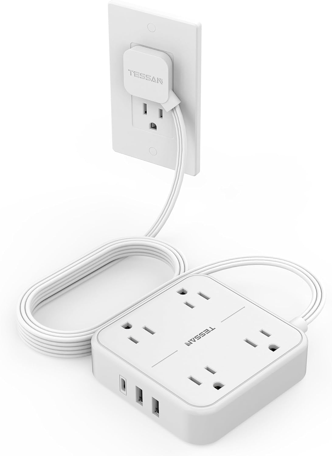 Flat Plug Power Strip with Surge Protection, 5-Foot Extension Cord, 4 Outlets and 3 USB Ports (1 USB-C), Gray