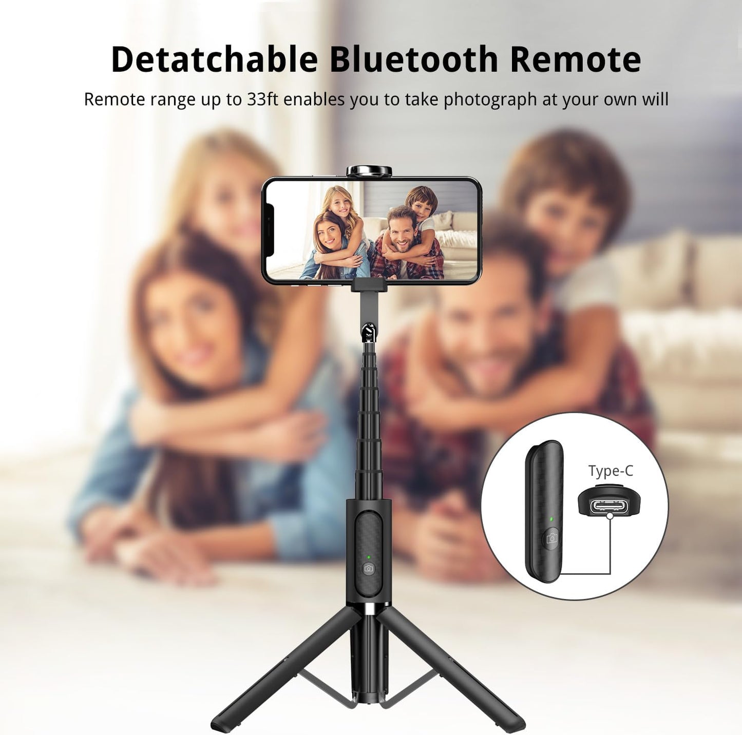 Extendable 3-in-1 Aluminum Bluetooth Selfie Stick Tripod with Wireless Remote for iPhone and Samsung Smartphones - Black