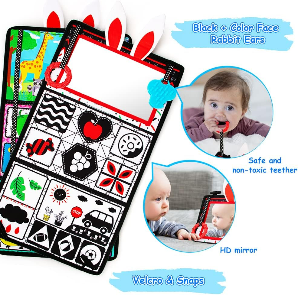 Tummy Time Mirror Toy Activity Circle Mat - High Contrast Black - White Developmental Play Set, Infants 0-6 Months, Sensory Textures, Squeaker Piano