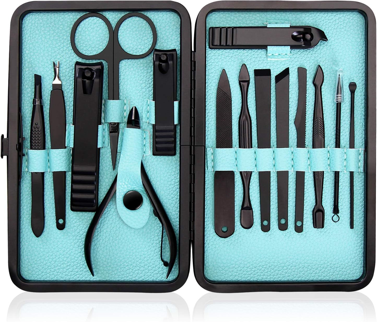 15-in-1 Professional Stainless Steel Manicure and Pedicure Set - Portable Grooming Kit Nail Care (Black)