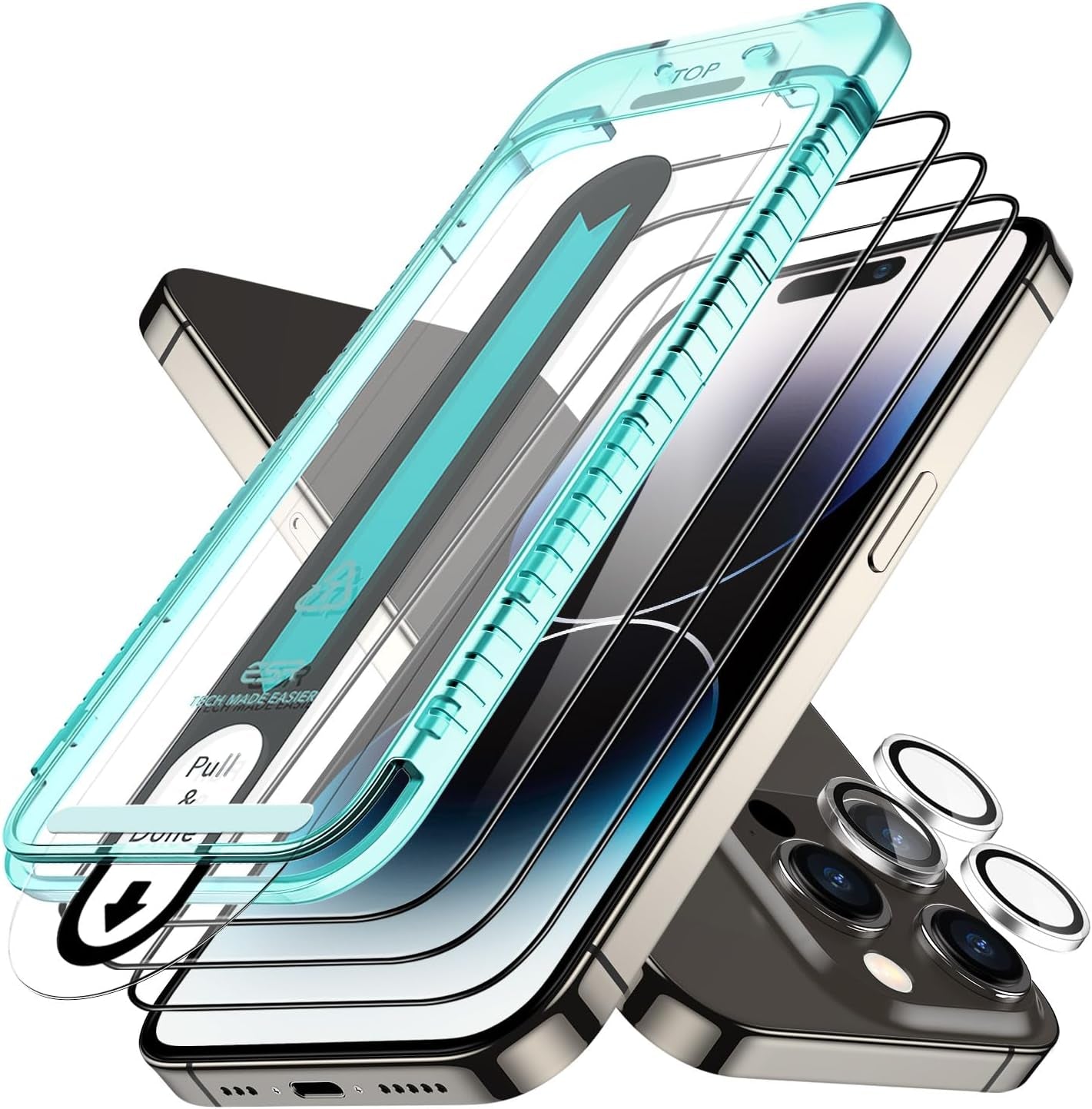 3+1 Pack Ultra-Tough Tempered Glass Screen Protector Set for iPhone - Black Edge and Flawless Fit Tray, 1 Individual Camera Lens Protector