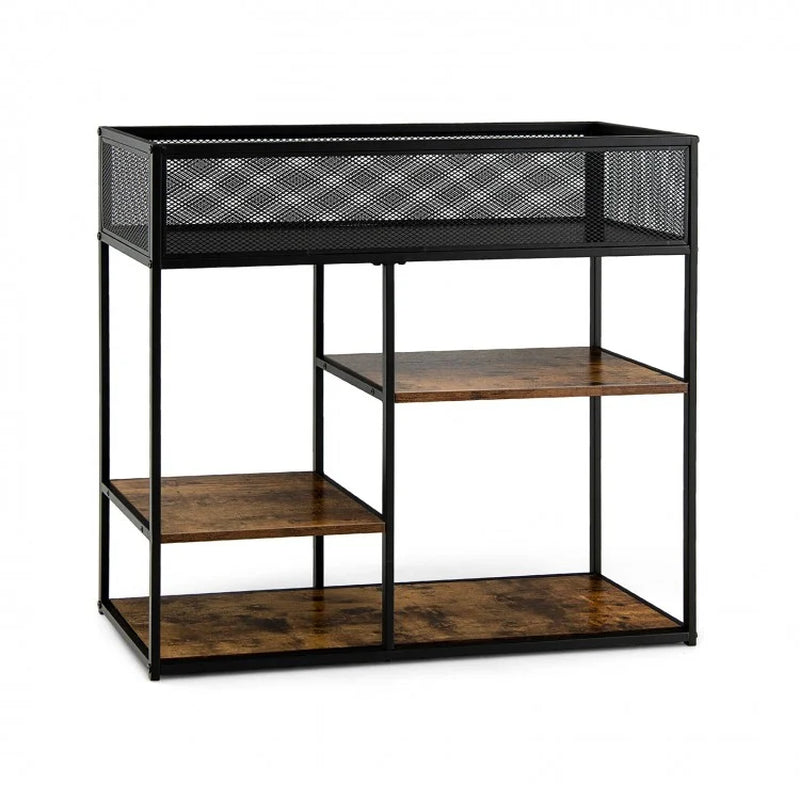 Industrial 4-Tier Console Table with Wire Basket and Shelf
