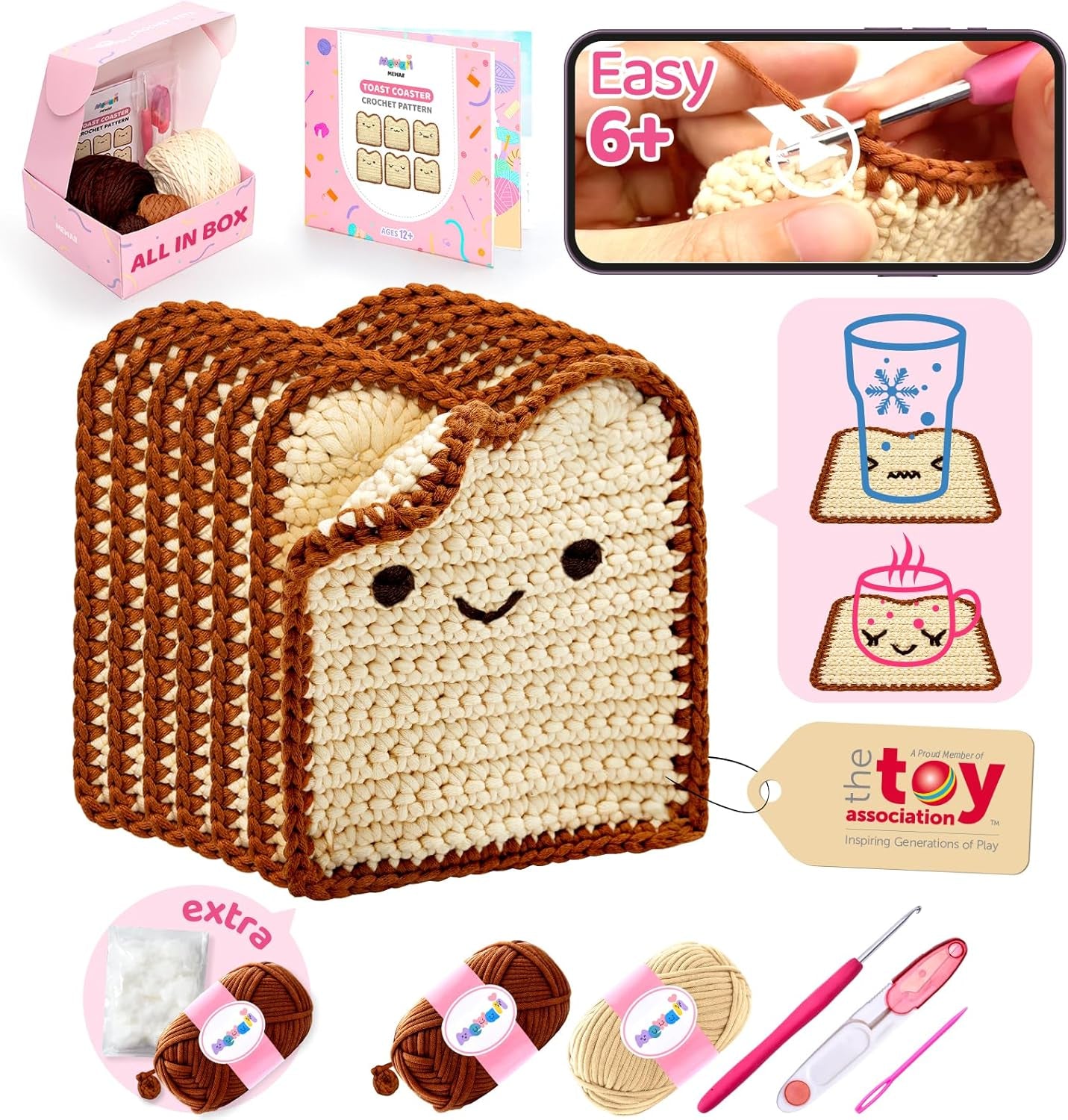 Beginner Crochet Kit Level 1: Toast Coaster with 40% Extra Pre-Started Easy Yarn and Step-by-Step Video Tutorials for Adults and Kids