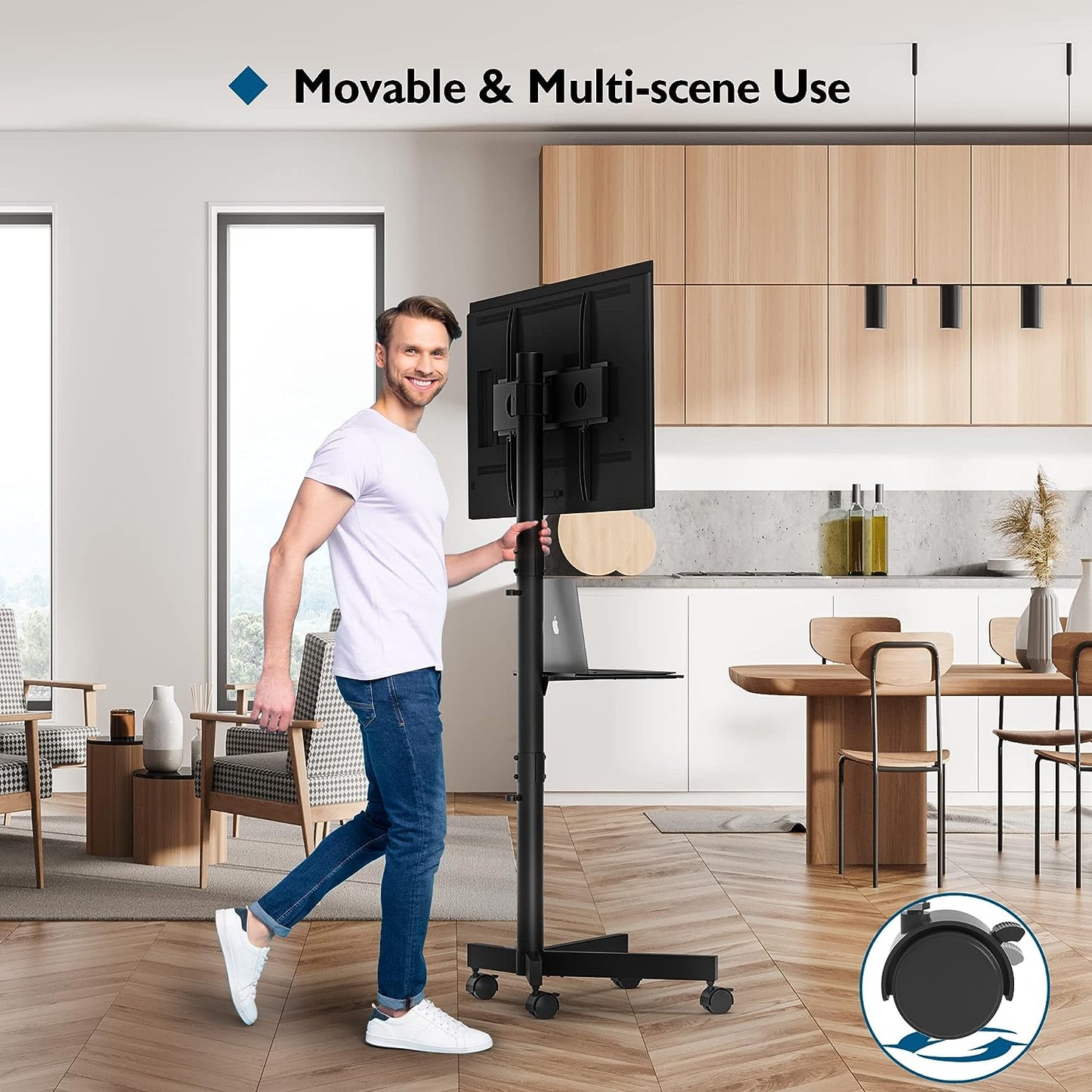Mobile TV Stand with Adjustable Height for 23-60 Inch Screens, Rolling Locking Wheels and Media Shelf, VESA (75x75mm to 400x400mm), 88 lbs- Black