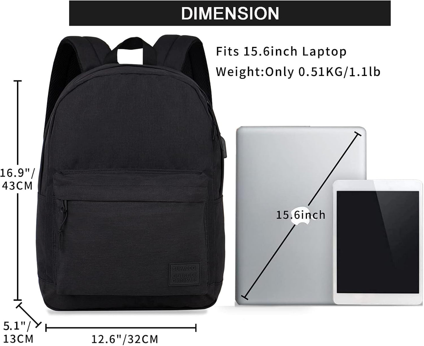 Lightweight Casual Laptop Backpack with USB Charging Port for Men and Women - Dark Black College Bookbag