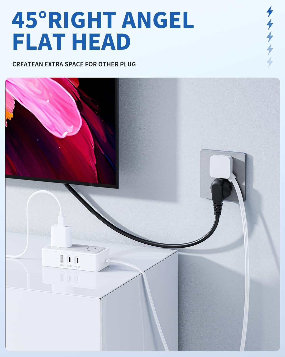 Ultra-Thin Flat Plug Power Strip with USB-C, 4FT Extension Cord, 2 Outlets and 3 USB Ports (2 USB-C),