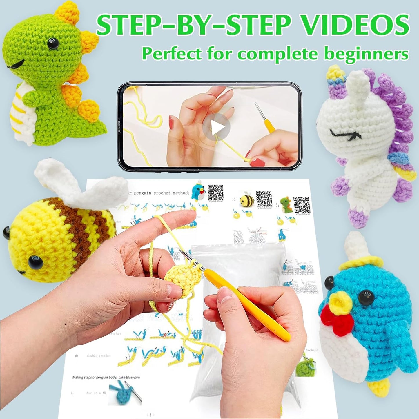 Beginner's Crochet Kit: 4-Piece Animal Crochet Set with Step-by-Step Video Tutorials, Complete DIY Kit Including Yarn, Eyes, Stuffing, and Crochet Hook - Ideal Gift for All Ages