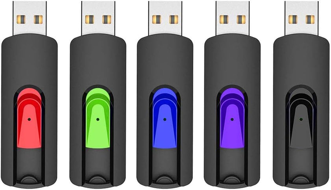 64GB USB Flash Drive - 5-Pack Retractable Memory Sticks (USB 2.0) in Black, Red, Blue, Green, and Purple for Data Storage