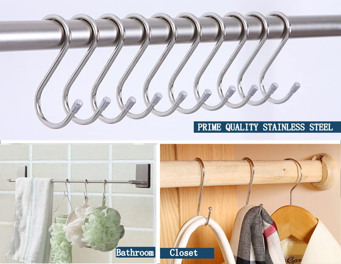 20 Pack S Shaped Hooks Stainless Steel Metal Hangers Hanging Hooks for Kitchen, Work Shop, Bathroom, Garden
