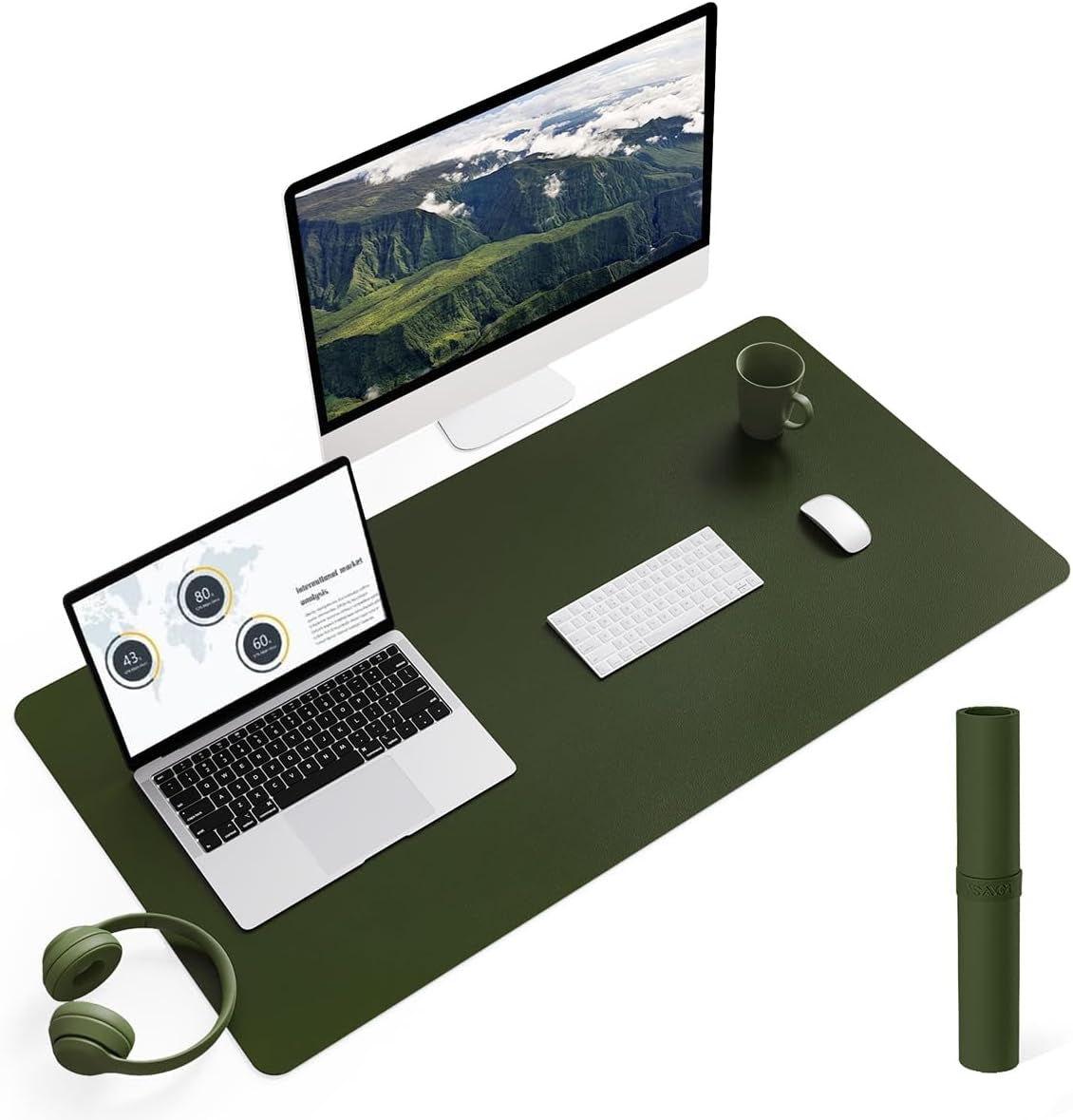 Non-Slip Waterproof PVC Leather Desk Pad, Ultra-Thin Large Mouse Pad, Easy-Clean Writing Mat (Olive Green, 31.5" x 15.7")