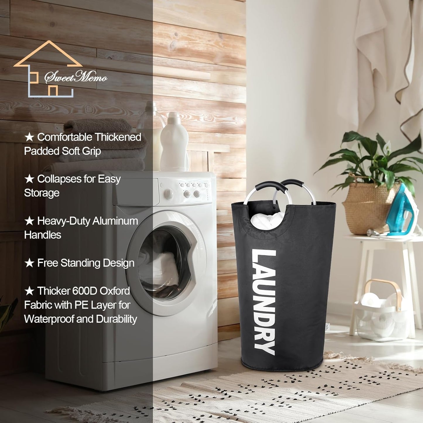 95L Large Laundry Baskets Collapsible, Tall Laundry Hampers, Canvas Laundry Bag Hamper, Fabric Clothes Hamper with Handles, Foldable Laundry Bin (Black)