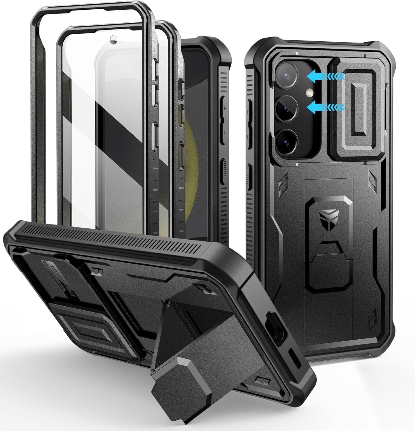 Samsung Galaxy S24 Ultra Heavy-Duty Rugged Case with Built-In Slide Camera Cover, Screen Protector, and Kickstand - Black