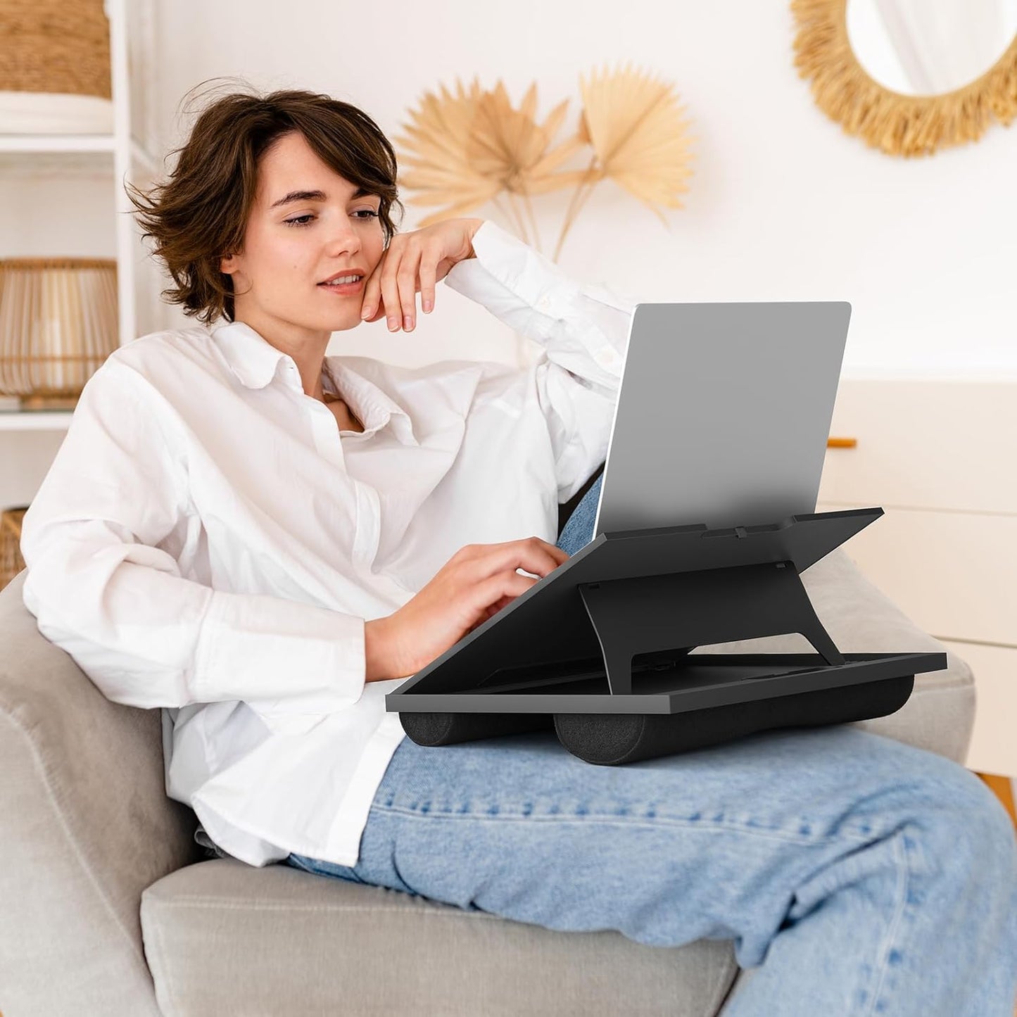 Adjustable Lap Desk with 8 Angles and Dual Cushions for Laptops up to 15.6 inches - Versatile Workstation for Car, Sofa, or Bed (Black)